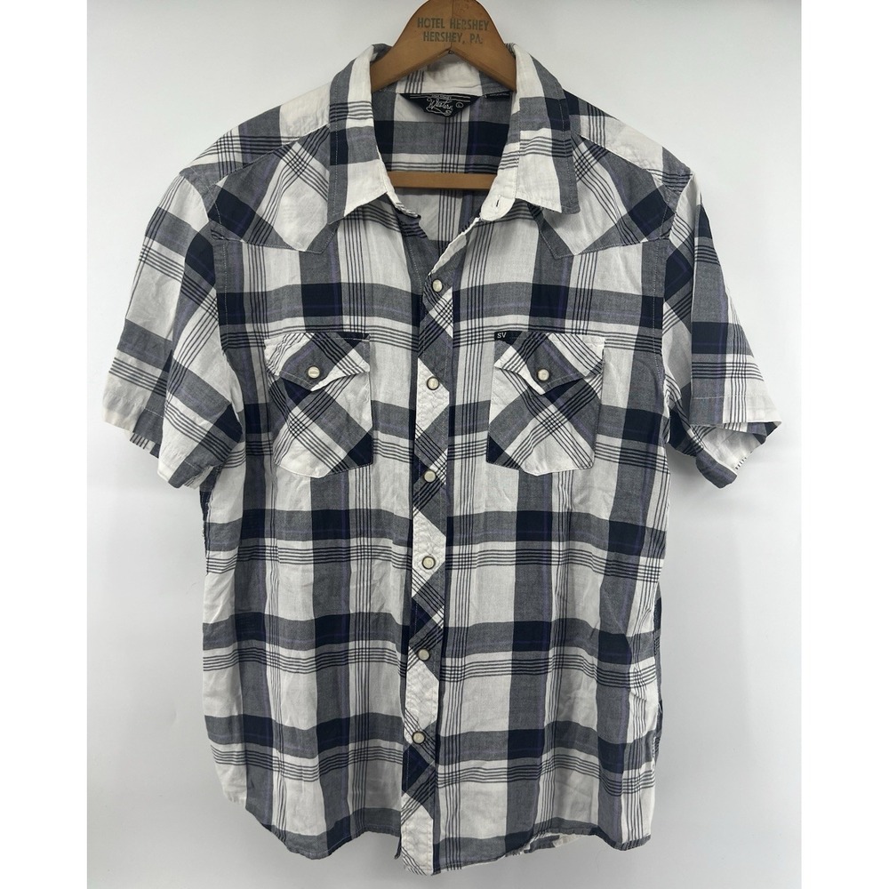 Salt Valley Western Shirt Mens Large Blue White Short Sleeved Pearl Snap Cotton